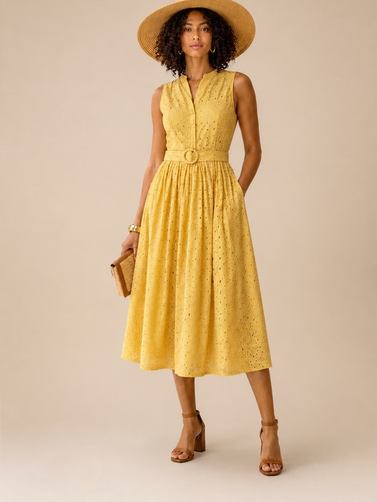 H&M Dresses & Skirts - H&M Yellow Eyelet Midi Dress with Belt